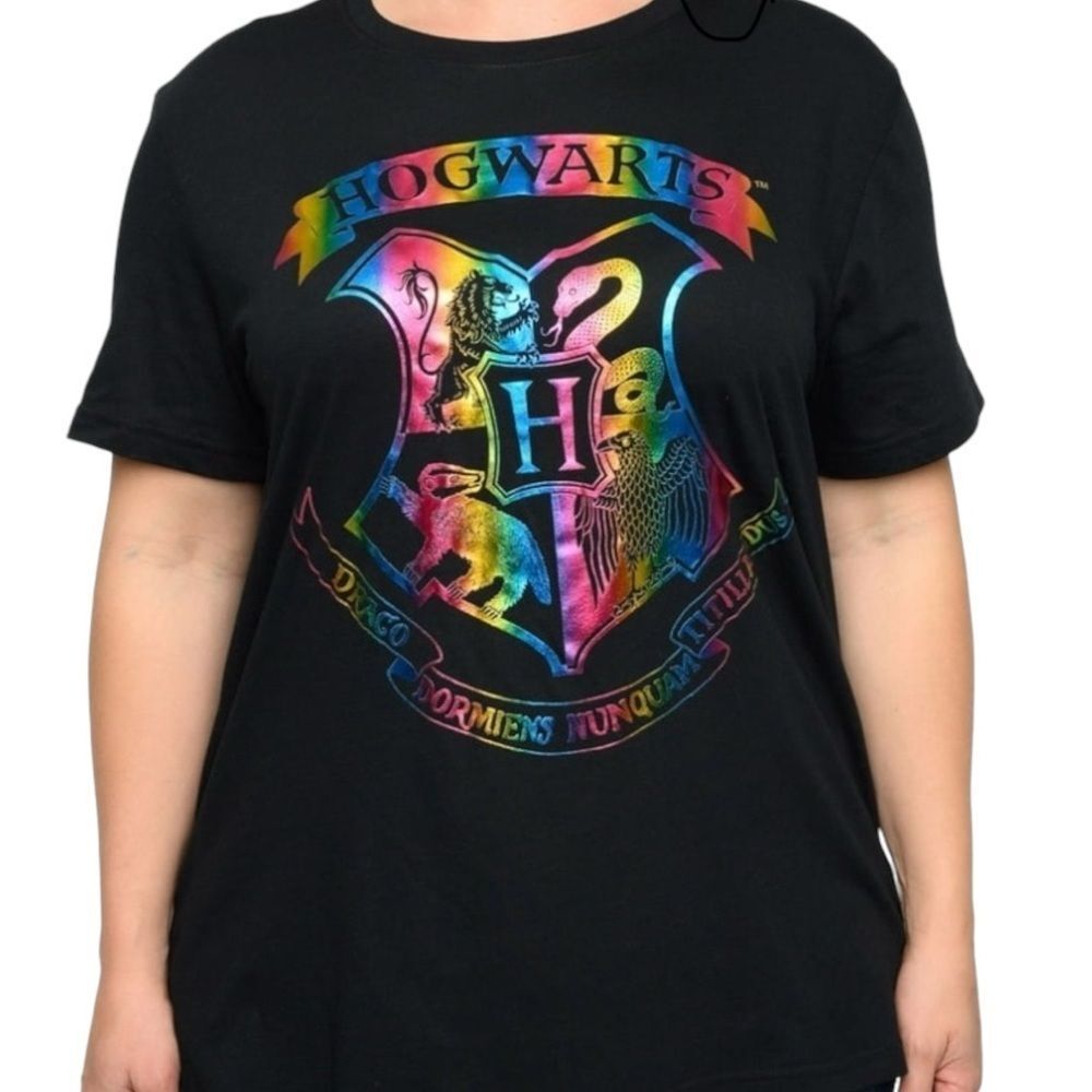 Harry Potter Hogwarts School Crest Rainbow Black T-Shirt Youth XL UNISEX